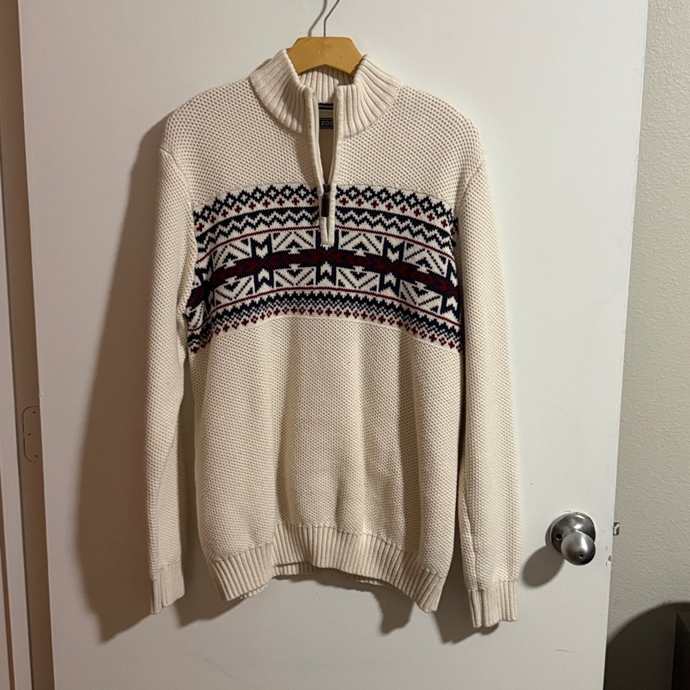 Cream Patterned Half-Zip Sweater